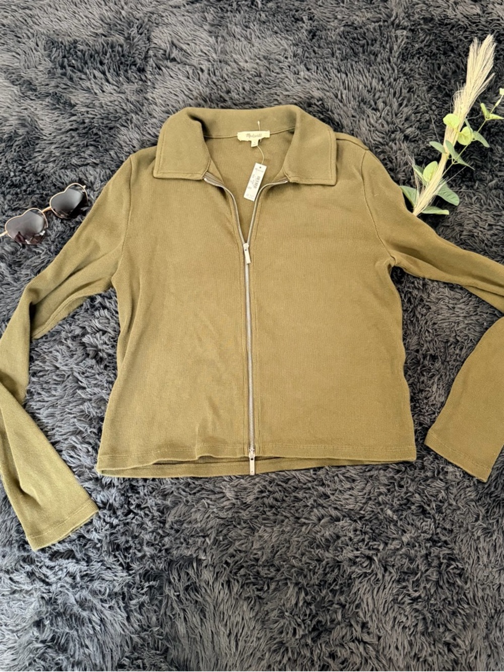 Madewell Olive Green Zip-Front Knit Jacket